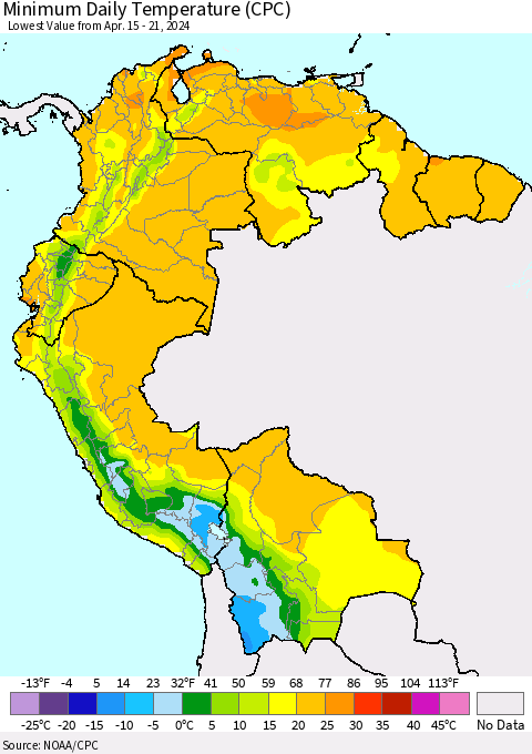 Northern South America Minimum Daily Temperature (CPC) Thematic Map For 4/15/2024 - 4/21/2024