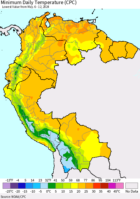 Northern South America Minimum Daily Temperature (CPC) Thematic Map For 5/6/2024 - 5/12/2024