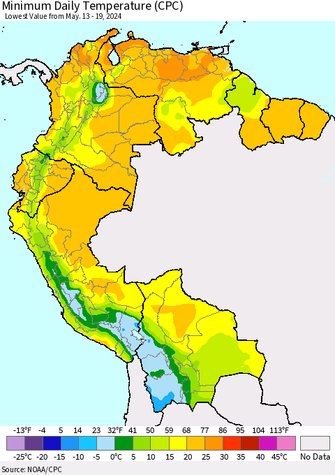 Northern South America Minimum Daily Temperature (CPC) Thematic Map For 5/13/2024 - 5/19/2024