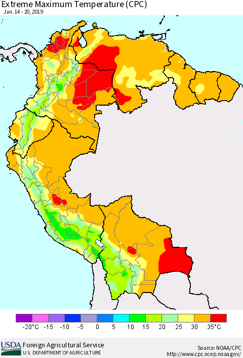 Northern South America Maximum Daily Temperature (CPC) Thematic Map For 1/14/2019 - 1/20/2019