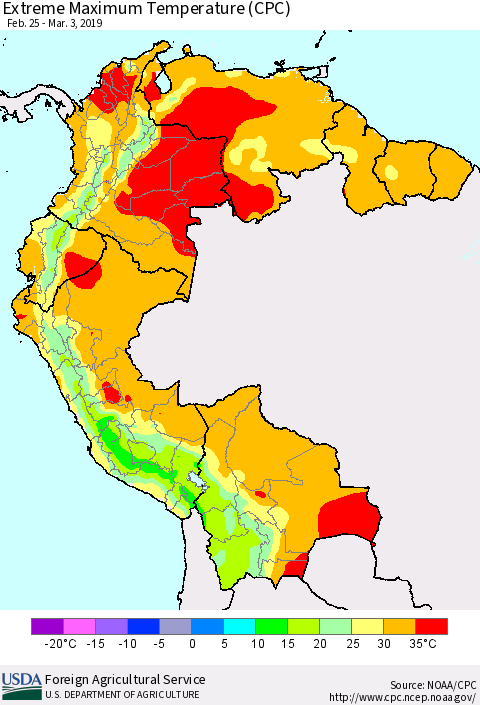 Northern South America Maximum Daily Temperature (CPC) Thematic Map For 2/25/2019 - 3/3/2019
