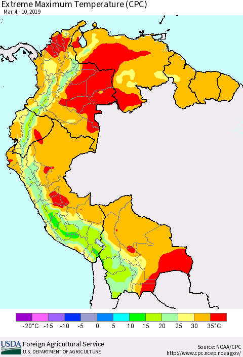 Northern South America Maximum Daily Temperature (CPC) Thematic Map For 3/4/2019 - 3/10/2019
