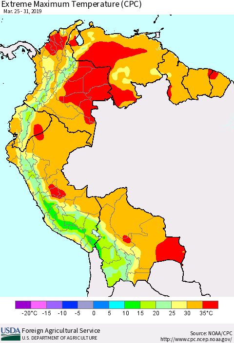 Northern South America Maximum Daily Temperature (CPC) Thematic Map For 3/25/2019 - 3/31/2019