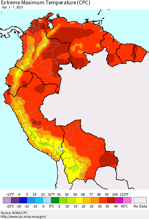 Northern South America Maximum Daily Temperature (CPC) Thematic Map For 4/1/2019 - 4/7/2019