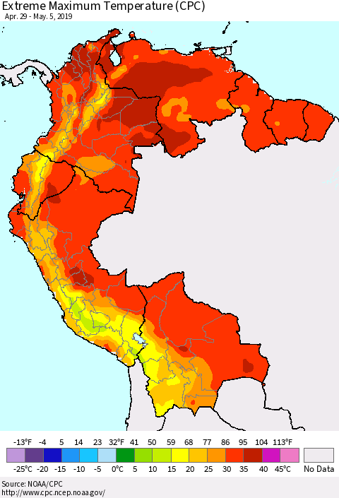 Northern South America Maximum Daily Temperature (CPC) Thematic Map For 4/29/2019 - 5/5/2019