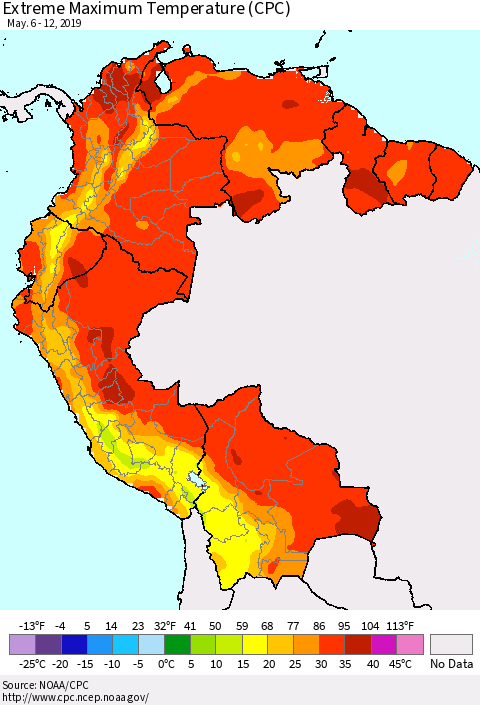Northern South America Maximum Daily Temperature (CPC) Thematic Map For 5/6/2019 - 5/12/2019