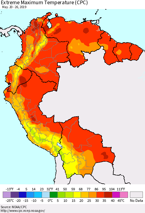 Northern South America Maximum Daily Temperature (CPC) Thematic Map For 5/20/2019 - 5/26/2019