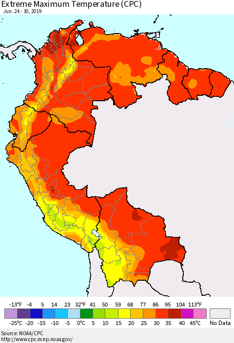 Northern South America Maximum Daily Temperature (CPC) Thematic Map For 6/24/2019 - 6/30/2019