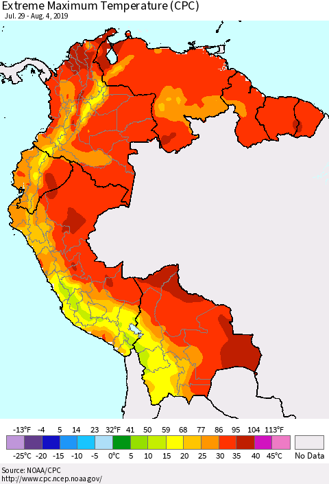Northern South America Maximum Daily Temperature (CPC) Thematic Map For 7/29/2019 - 8/4/2019