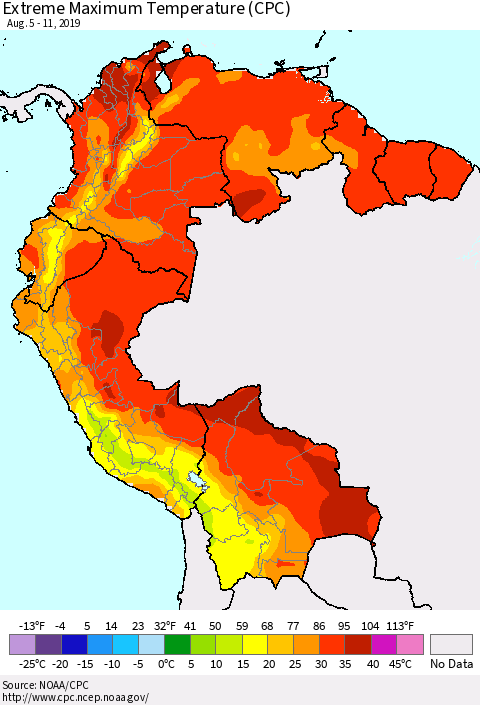 Northern South America Maximum Daily Temperature (CPC) Thematic Map For 8/5/2019 - 8/11/2019