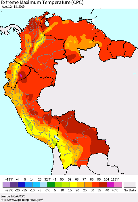 Northern South America Maximum Daily Temperature (CPC) Thematic Map For 8/12/2019 - 8/18/2019