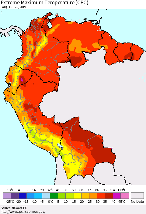 Northern South America Maximum Daily Temperature (CPC) Thematic Map For 8/19/2019 - 8/25/2019