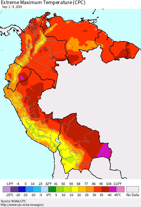 Northern South America Maximum Daily Temperature (CPC) Thematic Map For 9/2/2019 - 9/8/2019