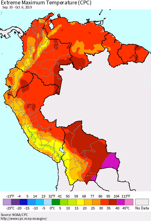 Northern South America Maximum Daily Temperature (CPC) Thematic Map For 9/30/2019 - 10/6/2019
