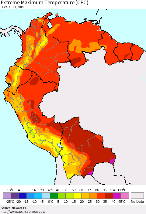 Northern South America Maximum Daily Temperature (CPC) Thematic Map For 10/7/2019 - 10/13/2019
