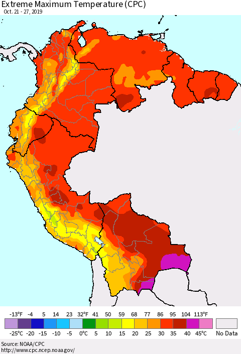 Northern South America Maximum Daily Temperature (CPC) Thematic Map For 10/21/2019 - 10/27/2019