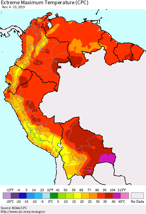 Northern South America Maximum Daily Temperature (CPC) Thematic Map For 11/4/2019 - 11/10/2019