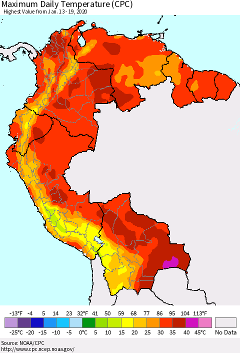Northern South America Maximum Daily Temperature (CPC) Thematic Map For 1/13/2020 - 1/19/2020
