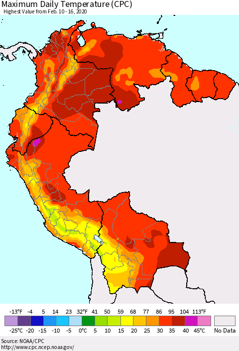 Northern South America Maximum Daily Temperature (CPC) Thematic Map For 2/10/2020 - 2/16/2020