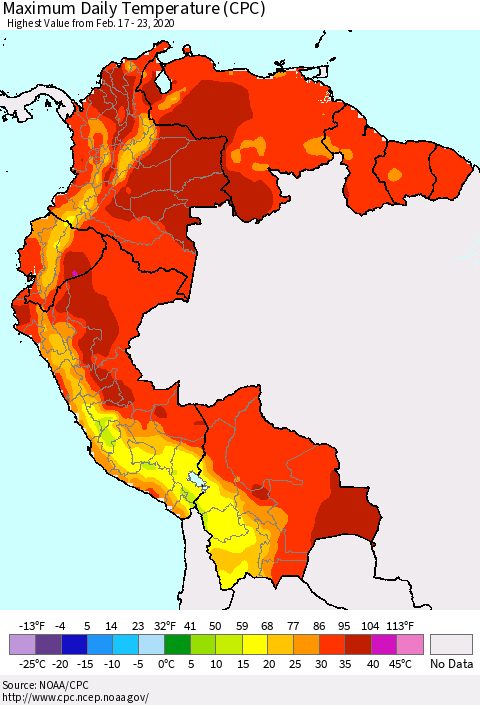 Northern South America Maximum Daily Temperature (CPC) Thematic Map For 2/17/2020 - 2/23/2020