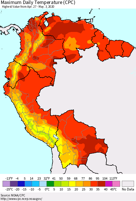 Northern South America Maximum Daily Temperature (CPC) Thematic Map For 4/27/2020 - 5/3/2020