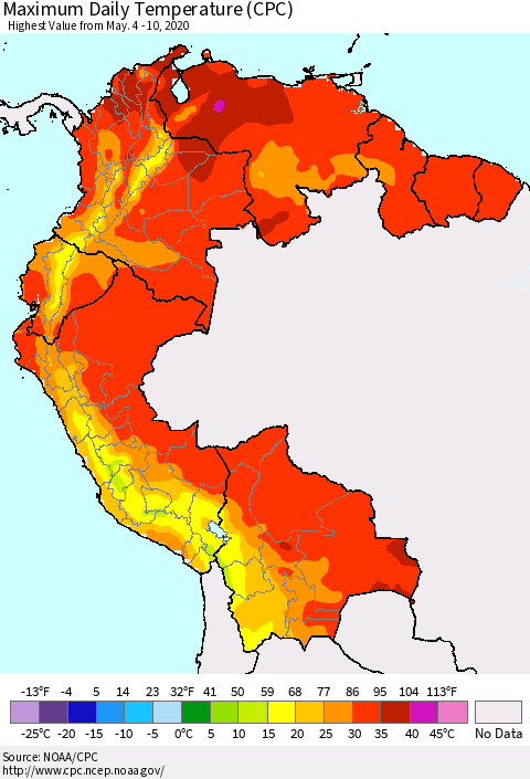 Northern South America Extreme Maximum Temperature (CPC) Thematic Map For 5/4/2020 - 5/10/2020
