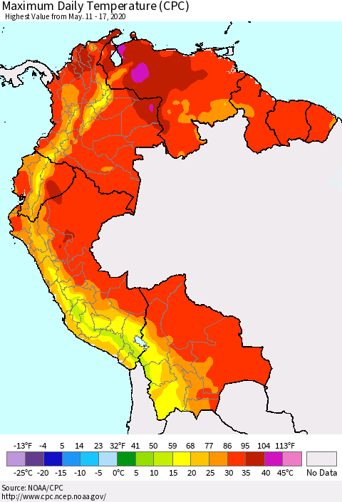 Northern South America Extreme Maximum Temperature (CPC) Thematic Map For 5/11/2020 - 5/17/2020