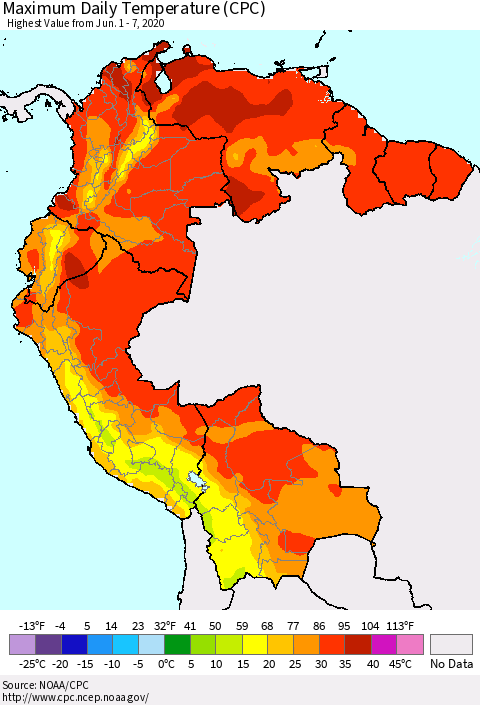 Northern South America Extreme Maximum Temperature (CPC) Thematic Map For 6/1/2020 - 6/7/2020