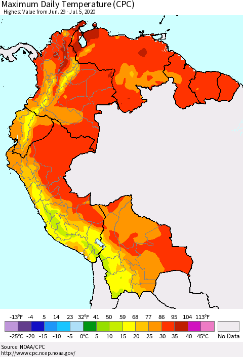 Northern South America Maximum Daily Temperature (CPC) Thematic Map For 6/29/2020 - 7/5/2020