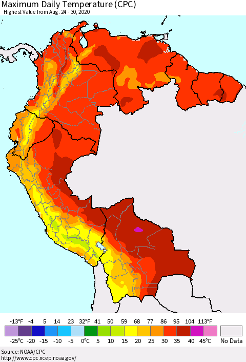 Northern South America Extreme Maximum Temperature (CPC) Thematic Map For 8/24/2020 - 8/30/2020