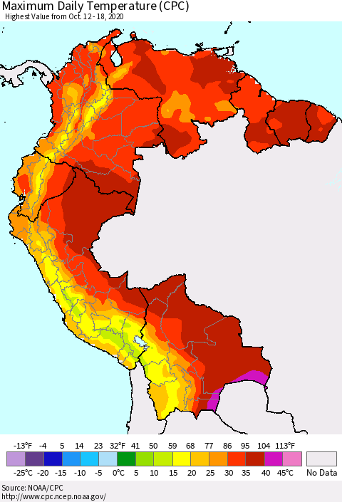 Northern South America Extreme Maximum Temperature (CPC) Thematic Map For 10/12/2020 - 10/18/2020