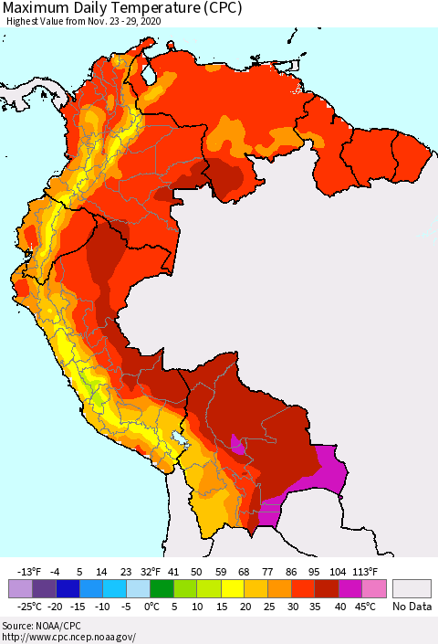Northern South America Maximum Daily Temperature (CPC) Thematic Map For 11/23/2020 - 11/29/2020