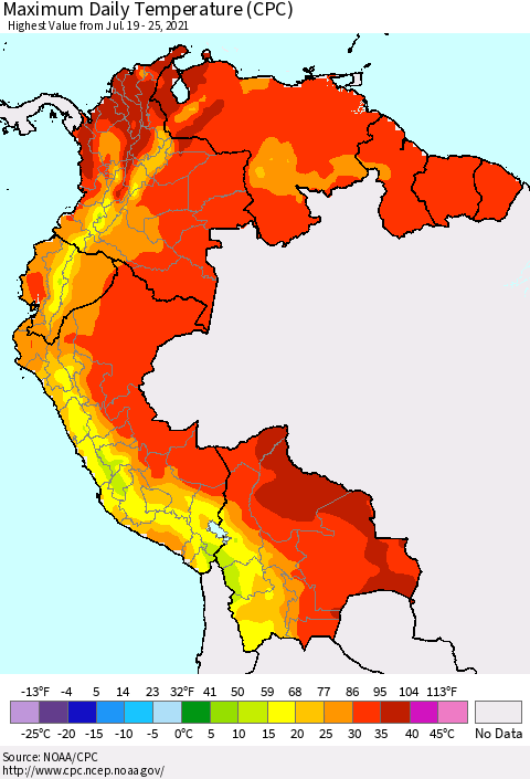 Northern South America Maximum Daily Temperature (CPC) Thematic Map For 7/19/2021 - 7/25/2021
