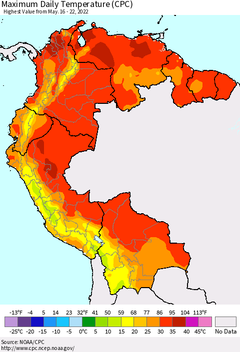 Northern South America Extreme Maximum Temperature (CPC) Thematic Map For 5/16/2022 - 5/22/2022