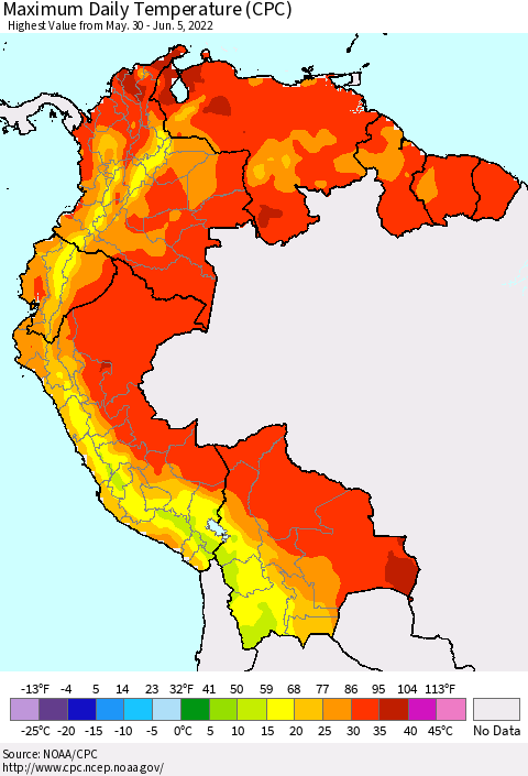 Northern South America Extreme Maximum Temperature (CPC) Thematic Map For 5/30/2022 - 6/5/2022