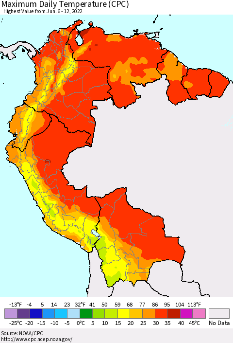 Northern South America Extreme Maximum Temperature (CPC) Thematic Map For 6/6/2022 - 6/12/2022