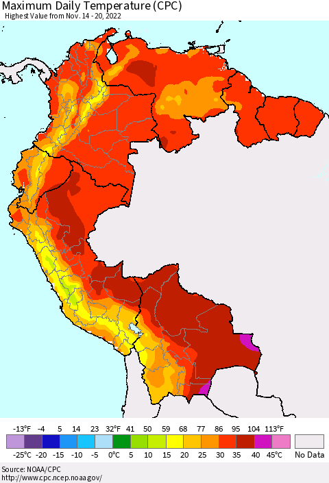 Northern South America Maximum Daily Temperature (CPC) Thematic Map For 11/14/2022 - 11/20/2022