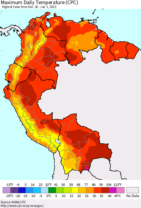 Northern South America Maximum Daily Temperature (CPC) Thematic Map For 12/26/2022 - 1/1/2023