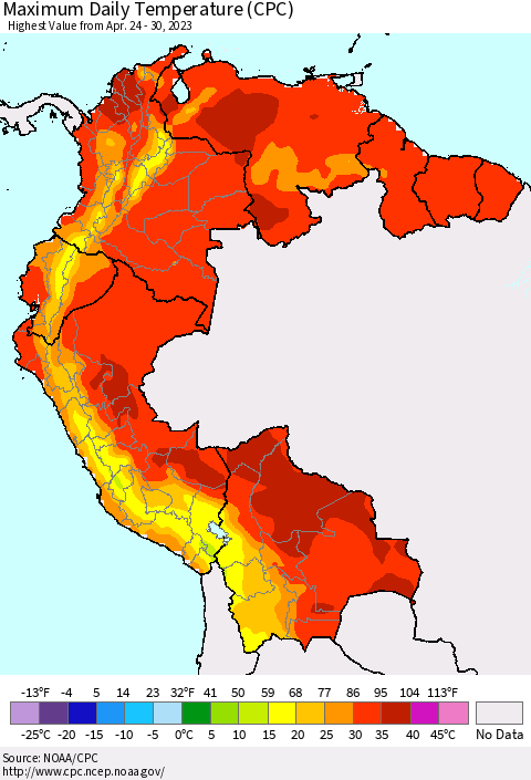 Northern South America Maximum Daily Temperature (CPC) Thematic Map For 4/24/2023 - 4/30/2023