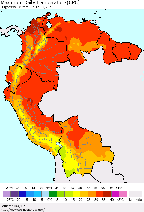 Northern South America Maximum Daily Temperature (CPC) Thematic Map For 6/12/2023 - 6/18/2023