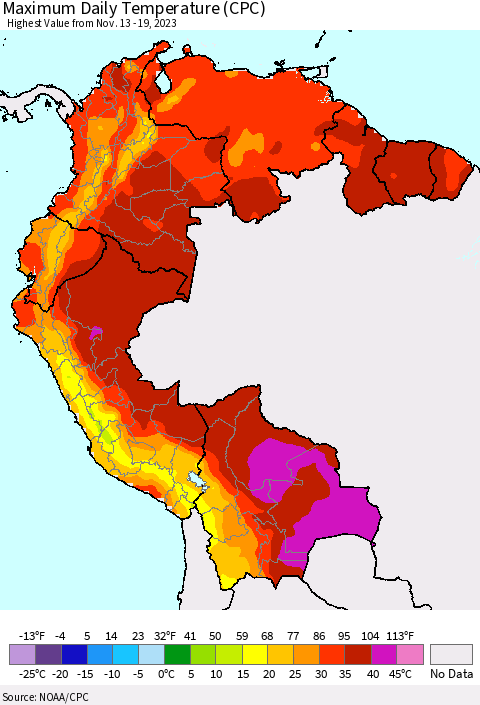 Northern South America Maximum Daily Temperature (CPC) Thematic Map For 11/13/2023 - 11/19/2023
