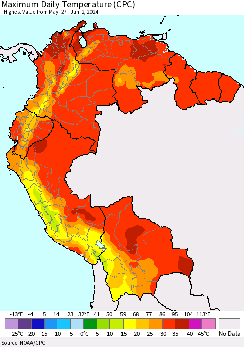 Northern South America Maximum Daily Temperature (CPC) Thematic Map For 5/27/2024 - 6/2/2024