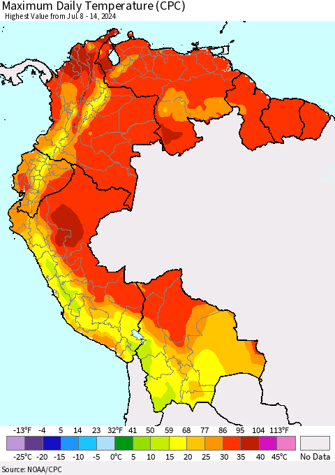 Northern South America Maximum Daily Temperature (CPC) Thematic Map For 7/8/2024 - 7/14/2024