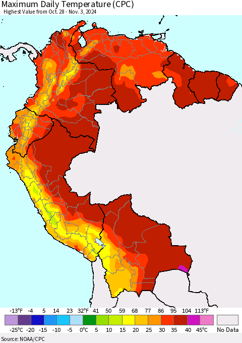 Northern South America Maximum Daily Temperature (CPC) Thematic Map For 10/28/2024 - 11/3/2024
