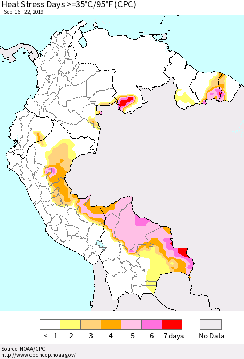 Northern South America Heat Stress Days >=35°C/95°F (CPC) Thematic Map For 9/16/2019 - 9/22/2019