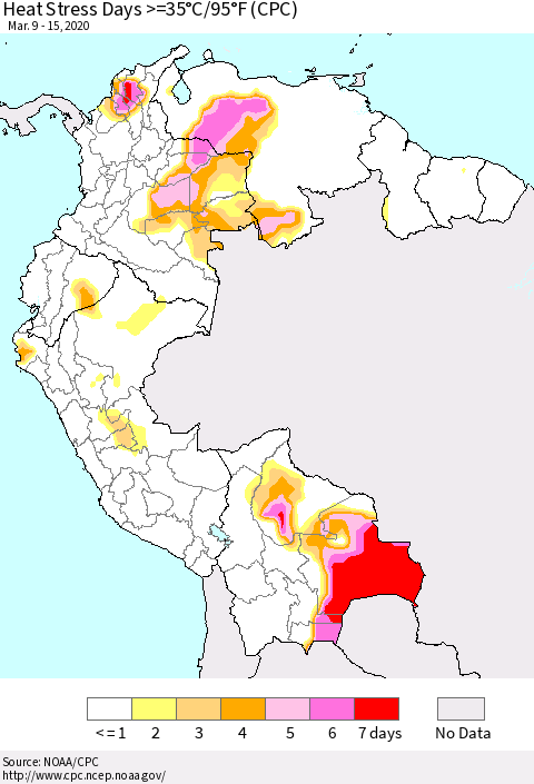 Northern South America Heat Stress Days >=35°C/95°F (CPC) Thematic Map For 3/9/2020 - 3/15/2020