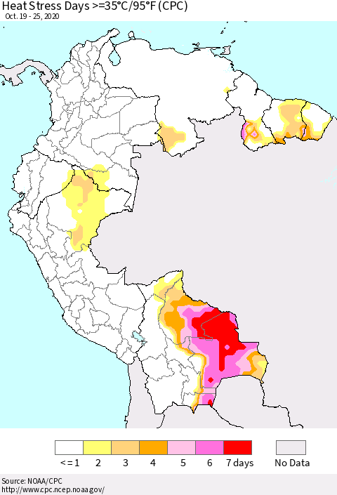 Northern South America Heat Stress Days >=35°C/95°F (CPC) Thematic Map For 10/19/2020 - 10/25/2020