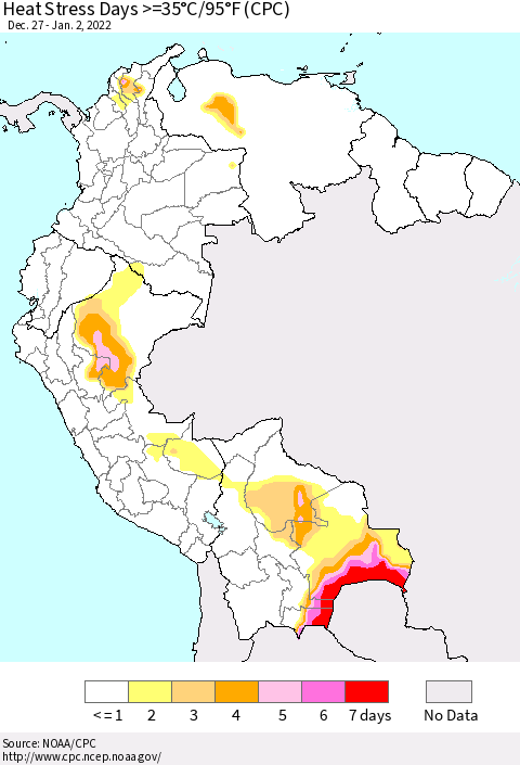 Northern South America Heat Stress Days >=35°C/95°F (CPC) Thematic Map For 12/27/2021 - 1/2/2022