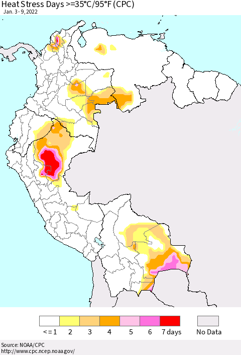 Northern South America Heat Stress Days >=35°C/95°F (CPC) Thematic Map For 1/3/2022 - 1/9/2022