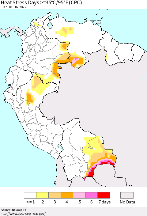 Northern South America Heat Stress Days >=35°C/95°F (CPC) Thematic Map For 1/10/2022 - 1/16/2022